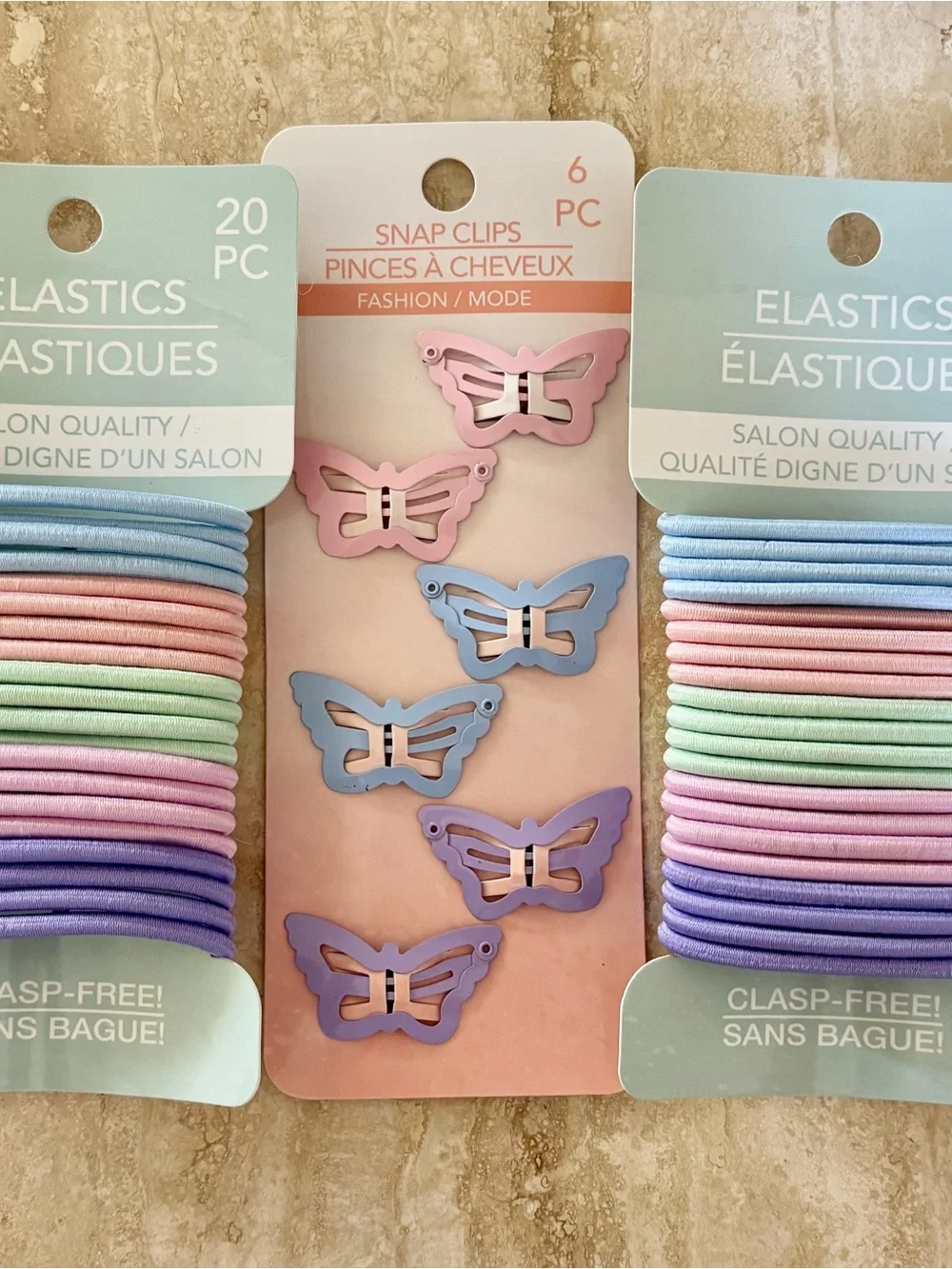 Set of 5 Butterfly Snap Clips & Matching Hair Elastics Set - Pastel Colors